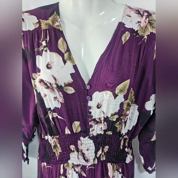 Jaase Floral Wide Leg Jumpsuit Size L Plum Purple Boho Smocked Waist Rayon - Picture 3 of 11